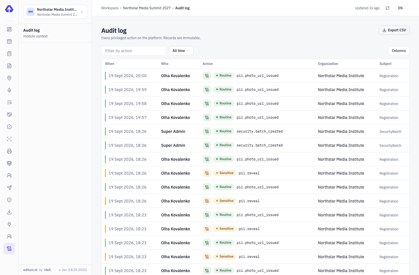 The audit log with user actions