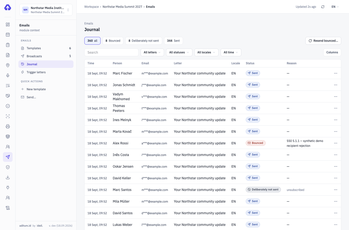 The email log: to whom, which email, in which language, the delivery status