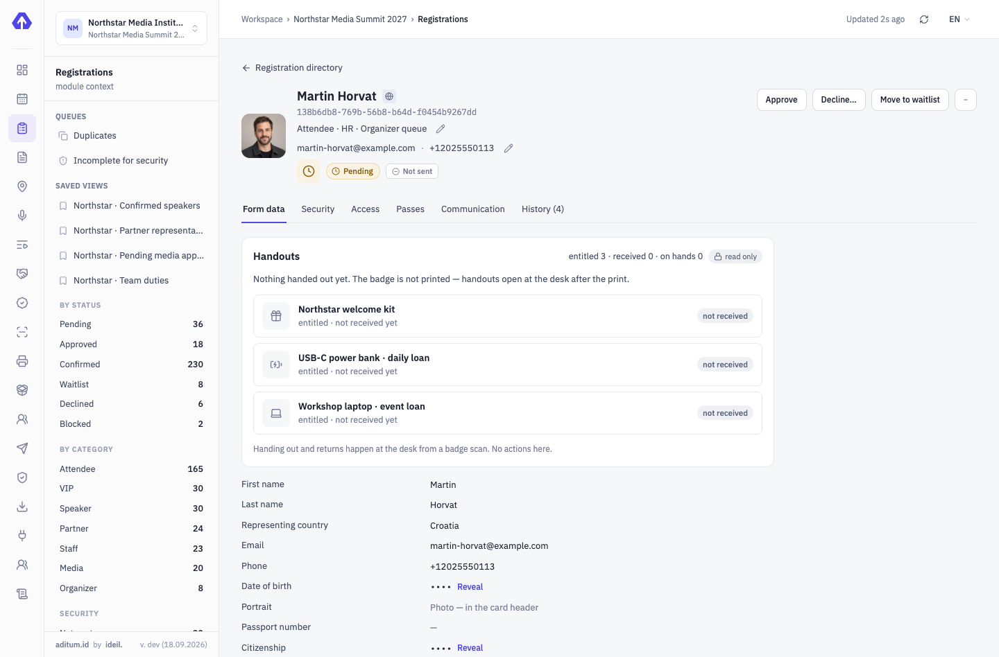 The application card: documents are masked, a reveal is a “Show” button that leaves a log entry